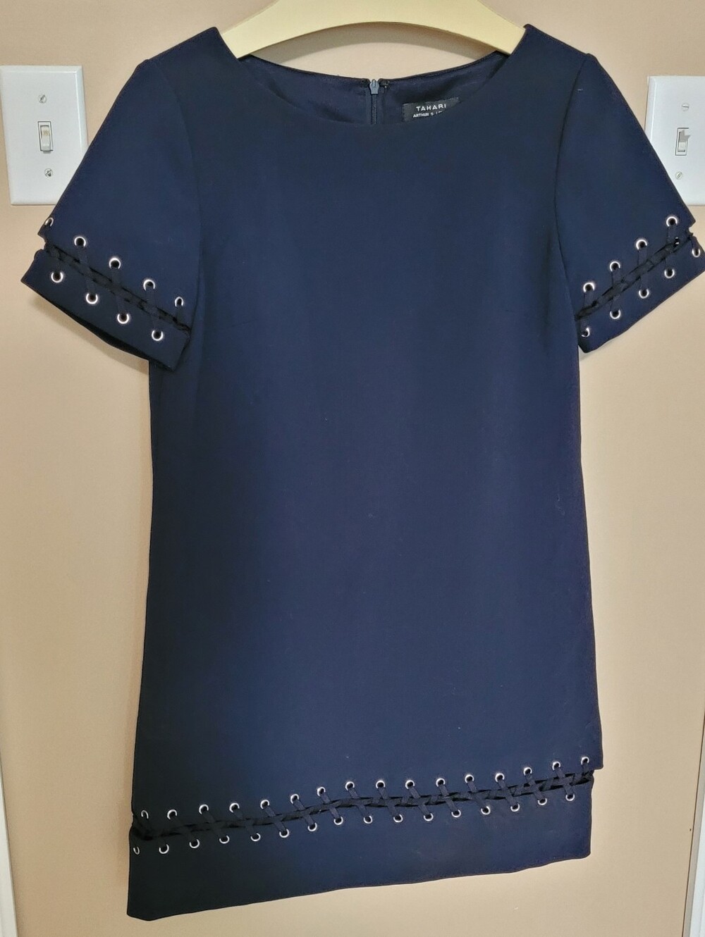 Tahari Navy Short Sleeve Shift Dress with Eyelet Detail
